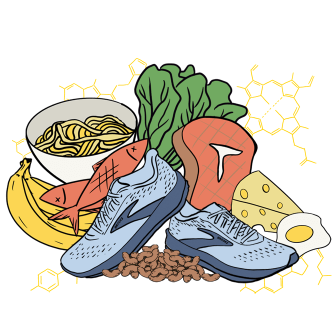 Illustration of running shoes and food assortment