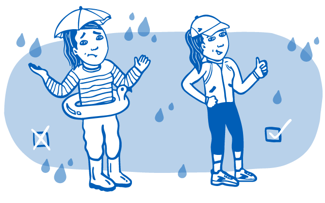 Illustration zweier Läufer*innen in verschiedenen Arten von Regenbekleidung