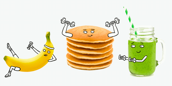 Silly animated GIF of a banana, stack of pancakes, and smoothie all doing exercises.