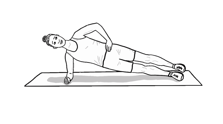An animated gif of a woman demonstrating lateral planks with leg raises.