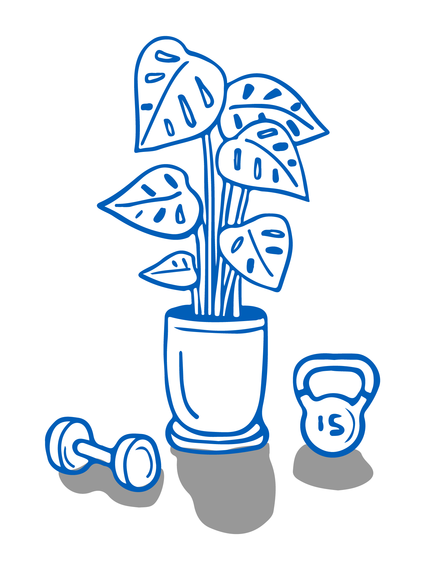 A houseplant sits on the floor between a single dumbbell and a kettlebell.