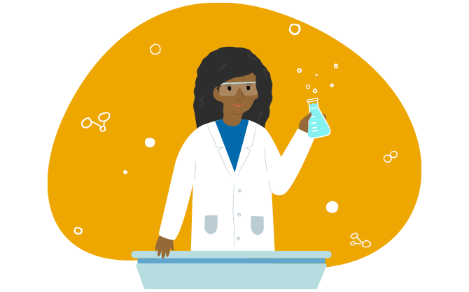 Illustrated scientist holding a beaker