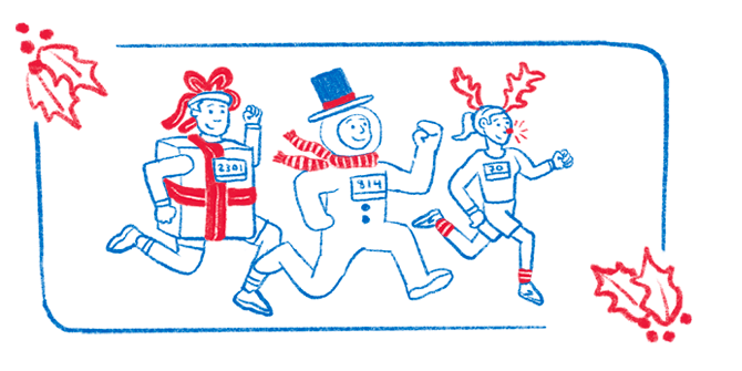 An illustration of three runners in costumes — one dressed as a present, another as a snowman, and another wearing reindeer antlers and a bright red Rudolph nose.