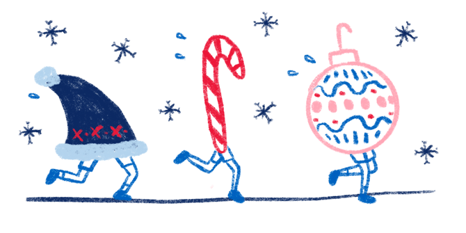 An illustration of a Santa’s hat, candy cane, and holiday ornament, all with legs, running a race in the snow.