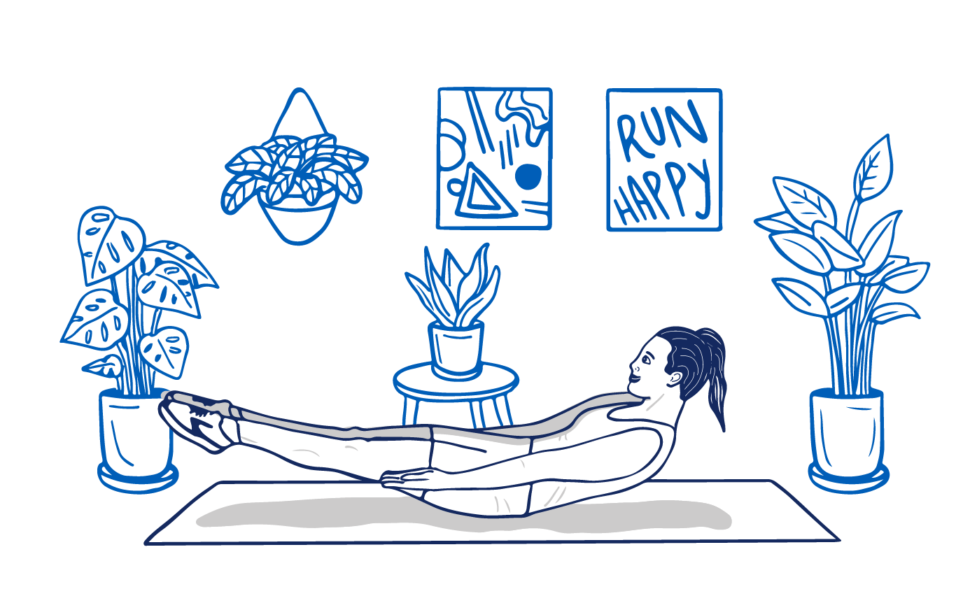 Une illustration d’une femme faisant des abdominaux en V sur un tapis de yoga dans son salon entouré de plantes d’intérieur, une peinture d’art abstrait et une affiche qui dit « Run Happy ».