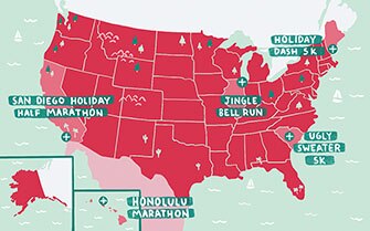 Carte des États-Unis avec courses des Fêtes
