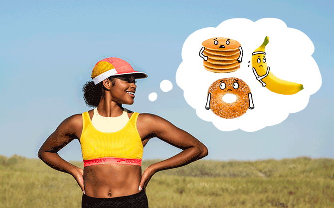 Woman running with an avocado and an orange