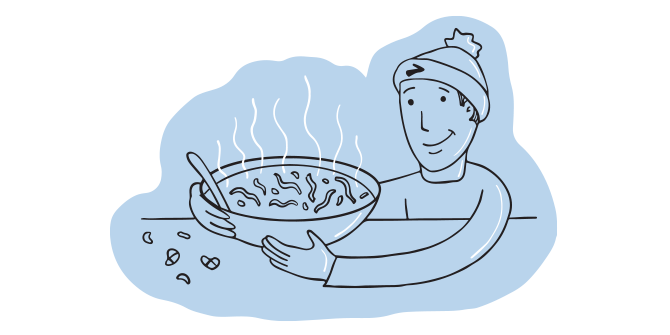 Illustration of a man holding a big, hot bowl of soup.