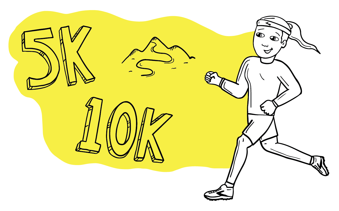 Ilustración de una chica corriendo hacia una señal de 5 km o 10 km