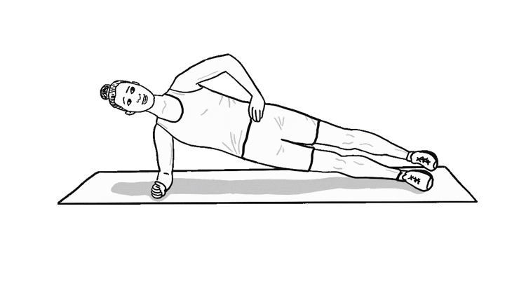 An animated gif of a woman demonstrating lateral planks with leg raises.