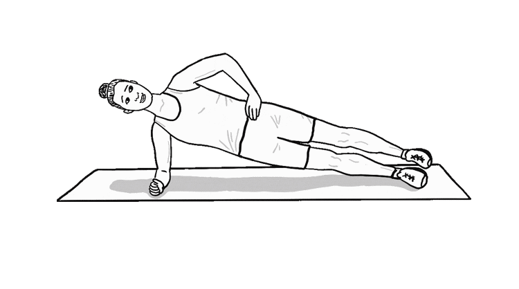 An animated gif of a woman demonstrating lateral planks with leg raises.