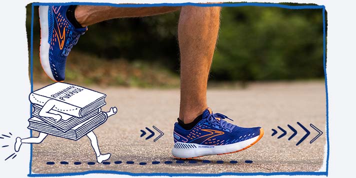 Seitenansicht von Läuferwaden und -füßen mit Adrenaline Schuhen und eine Illustration eines kleinen Buchs mit Beinen 