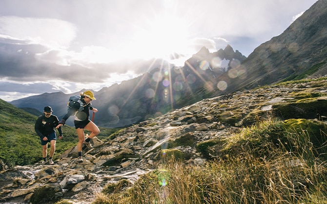 Two hikers on a rocky mountain
