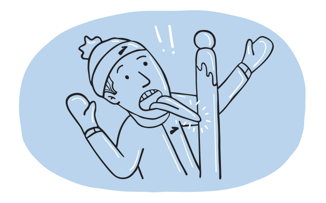 Illustration of a man wearing mittens and a beanie hat who has gotten his tongue stuck to a pole in cold weather.