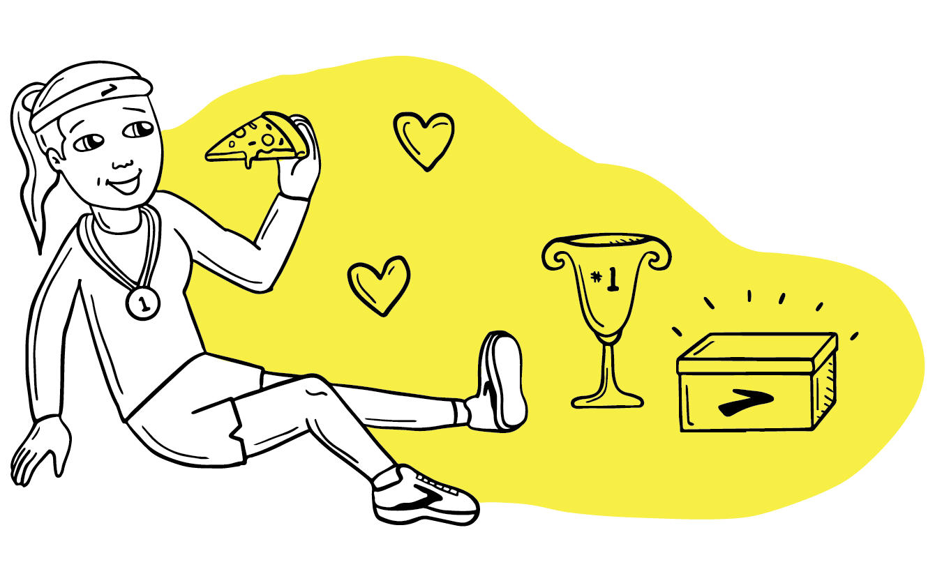 Illustratie van een meisje dat pizza eet met een doos Brooks-schoenen