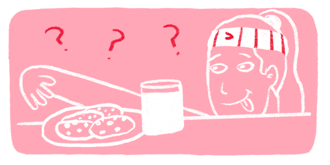 An illustration of a woman sticking her tongue out in hunger as she gestures towards a plate of cookies and glass of milk. 