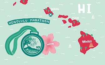 Holiday-themed illustration of Hawaii with marathon medal and Honolulu Marathon sign