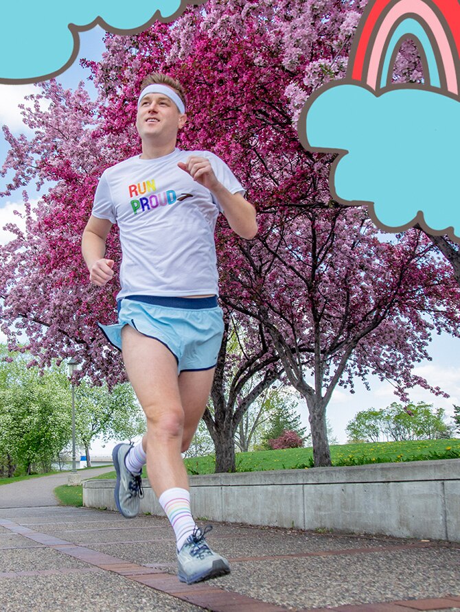 Mikah Meyers, running with illustrations of rainbows in the corner