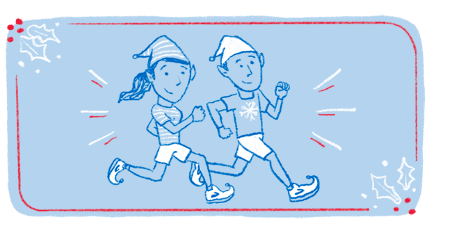 An illustration of two elves wearing pointy holiday Brooks Running shoes running together. 