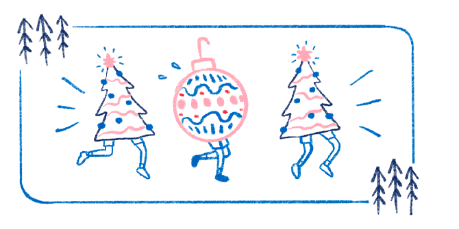 Une illustration de deux arbres de Noël festifs et d’un ornement, tous avec des jambes, qui courent dans la forêt. 