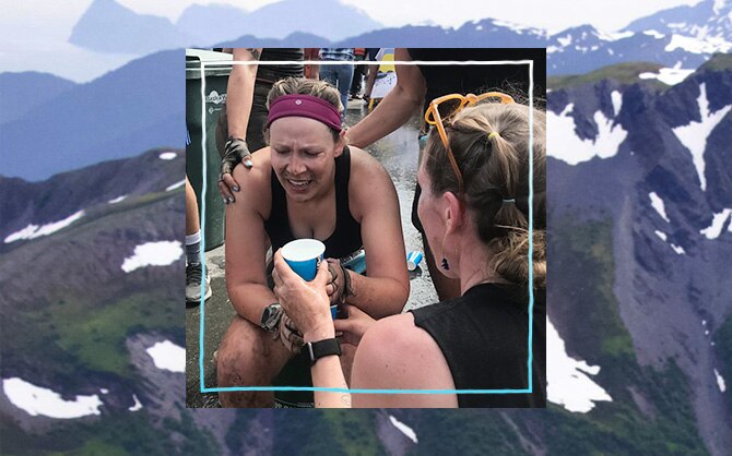 Elyse sitting down drinking water