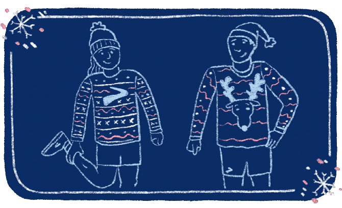 Ein animiertes GIF einer Frau, die Dehnübungen macht und einen Weihnachtspulli mit einem Brooks-Running-Logo trägt, und neben ihr ein Mann im Weihnachtspulli mit Elchmotiv. Beide Personen und Pullis leuchten rot im GIF. 