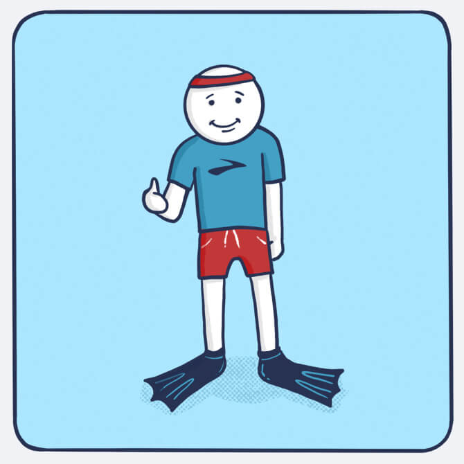 Illustrated figure wearing scuba fins