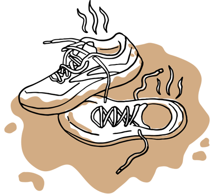 Illustratie van een paar vuile Brooks-schoenen in een plas bruine modder.