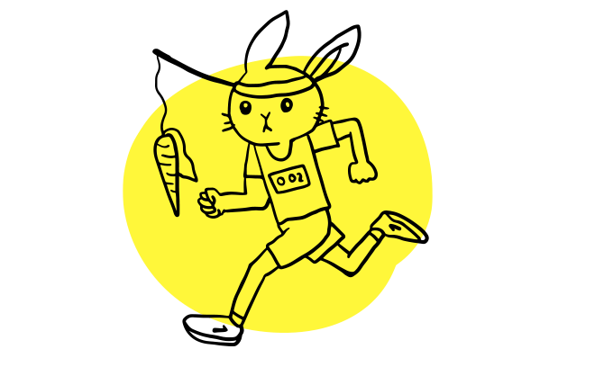 Illustration d’un lapin courant avec une carotte sur un bâton attaché à son serre-tête et pendouillant devant lui