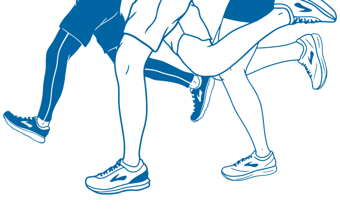 An illustration of three sets of runners’ legs running a race in Brooks shoes. 