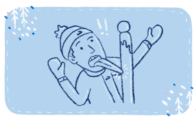 Illustration of a man wearing mittens and a beanie hat who has gotten his tongue stuck to a pole in cold weather.