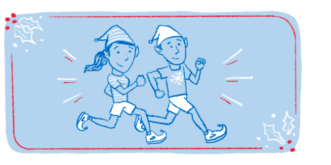 An illustration of two elves wearing pointy holiday Brooks Running shoes running together.