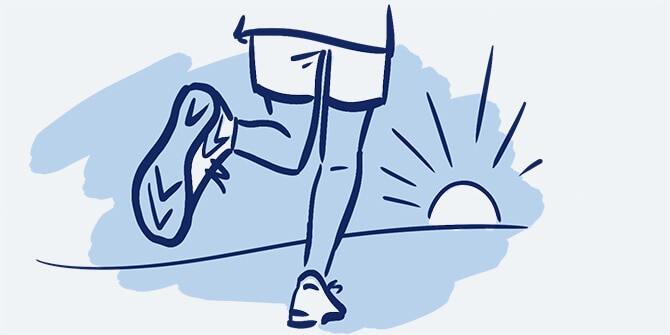Illustration des jambes et des pieds d’un coureur courant vers un horizon avec le soleil qui brille au loin.
