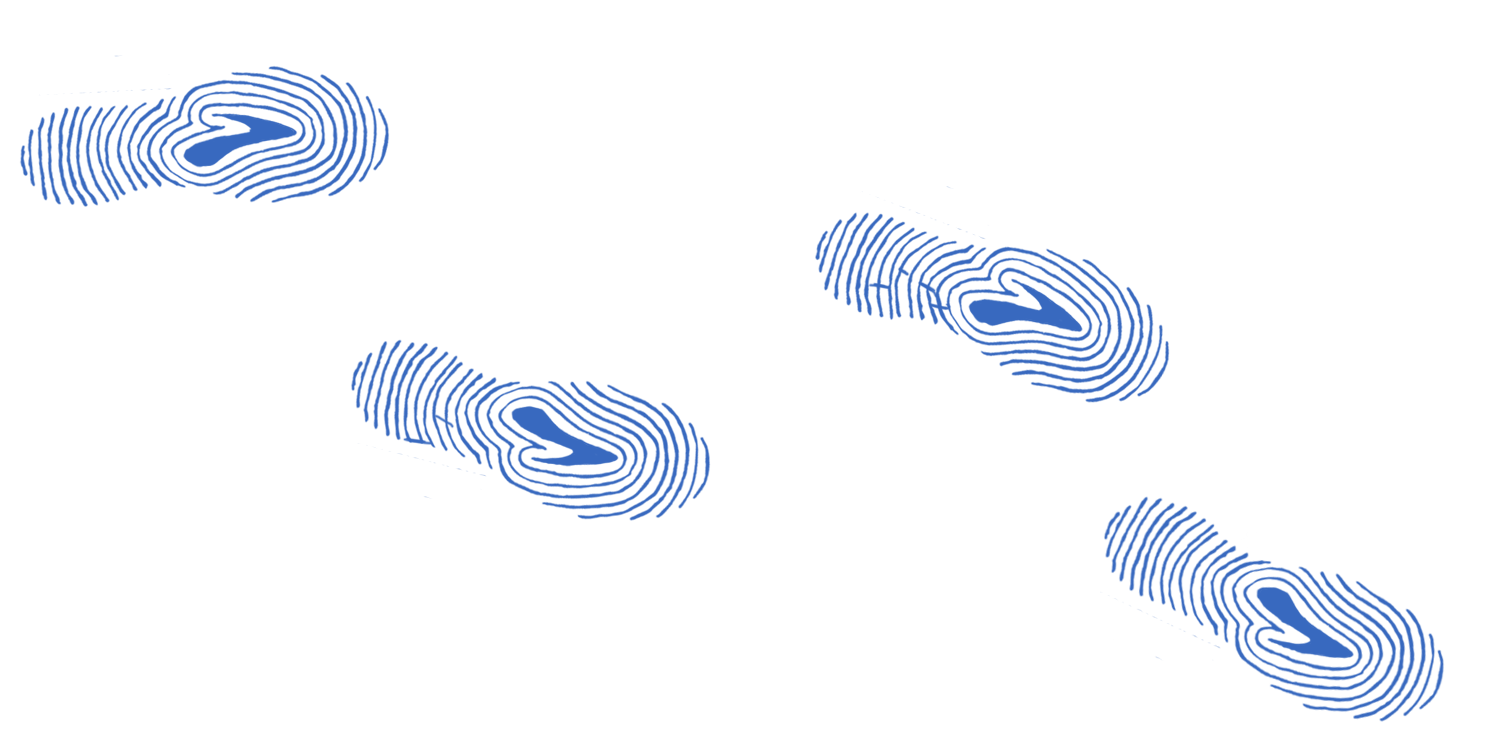 Graphics of four shoeprints with Brooks logos and fingerprint styling are placed across the page.