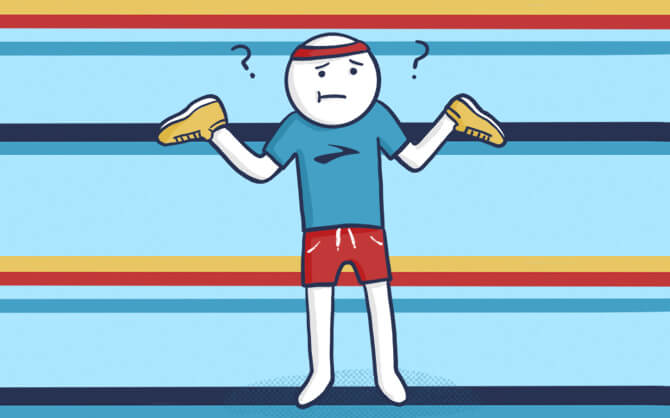 Ilustración de un corredor confuso con las zapatillas en las manos