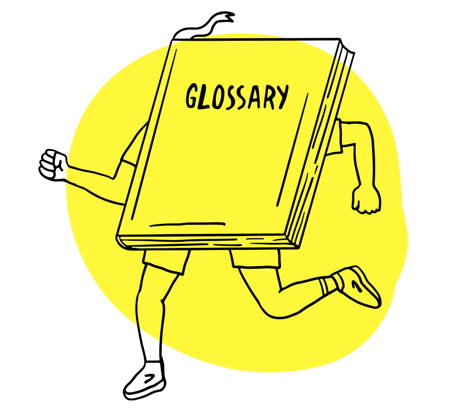 Illustration of a book titled “Glossary” with legs, running