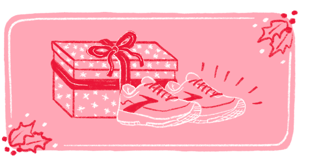 Illustration of a large pink present with a red bow with a pair of Brooks Running shoes in the foreground.