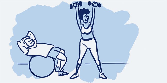 Illustration of a man doing ab work on a large exercise ball next to a woman lifting dumbbell weights 