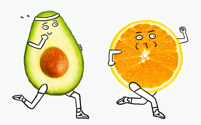 Silly animated GIF of an avocado and orange slice, both with facial features and arms and legs, running.  