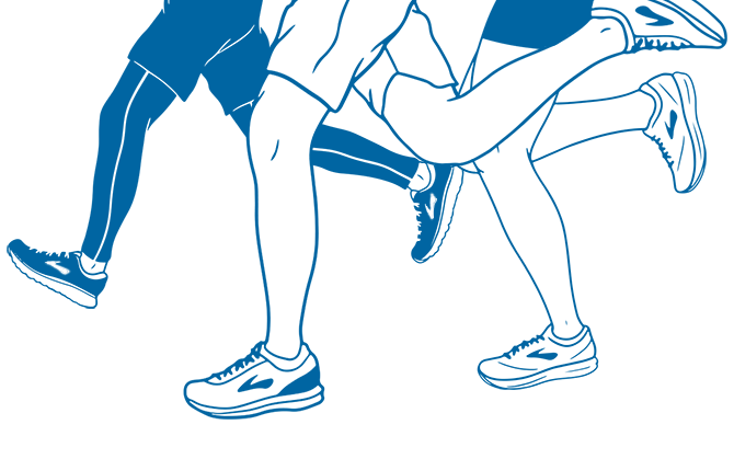 An illustration of three sets of runners’ legs running a race in Brooks shoes