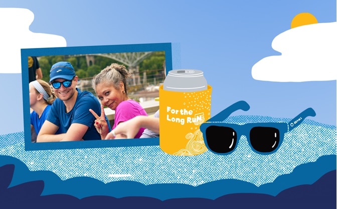 Photo de deux personnes sur fond d’illustration de plage