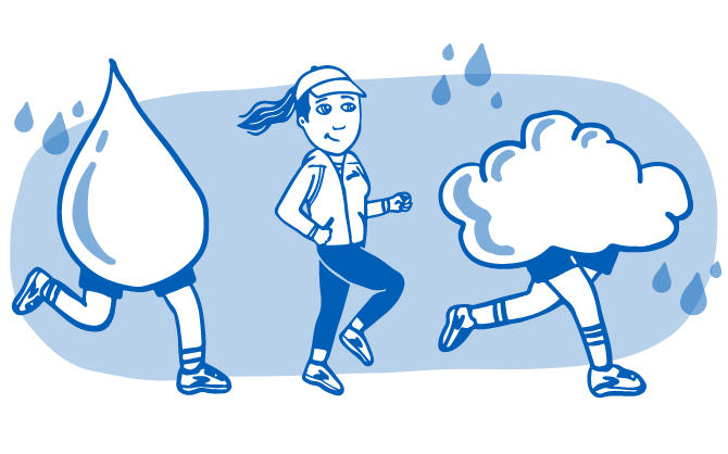 Illustration von Regentropfen, Läufer*in und Wolke