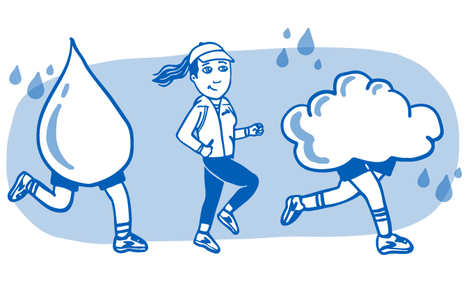 Ilustración de una gota de lluvia, un corredor y una nube