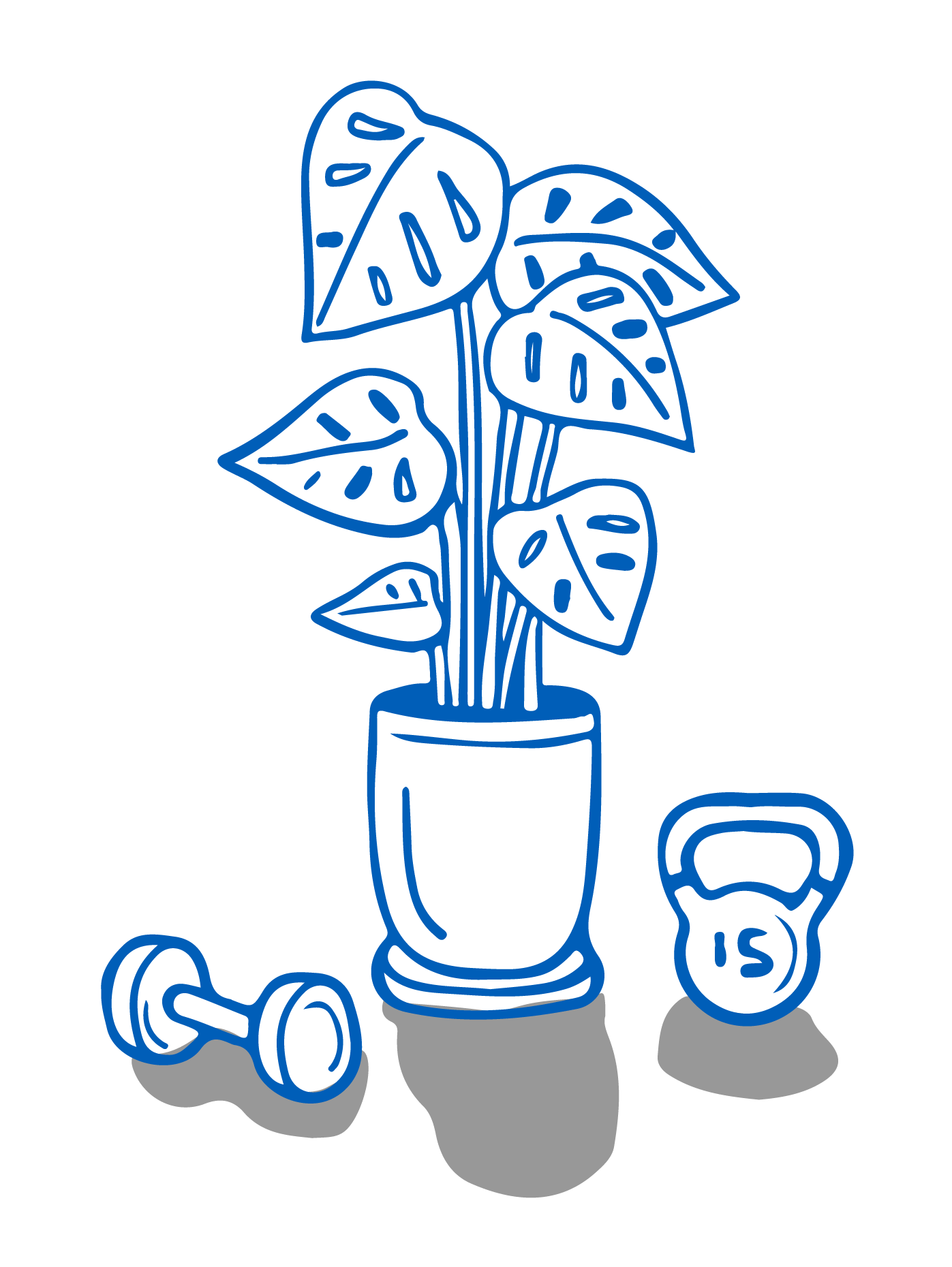 A houseplant sits on the floor between a single dumbbell and a kettlebell.