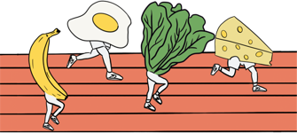 Banana, eggs, salad, and cheese cartoons running on a track