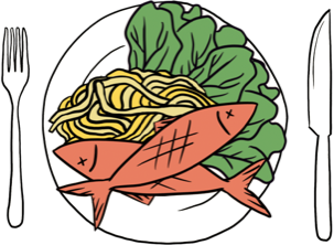 Fish pasta and salad on a plate illustration