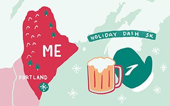 Illustration of Maine Holiday Dash 5K with beer and Brooks mitten