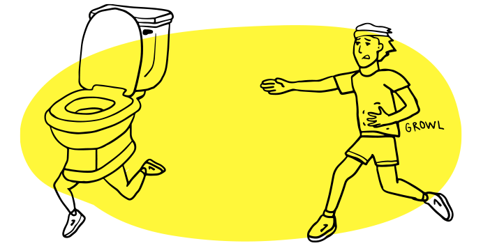 Illustrated runner chasing a toilet with legs