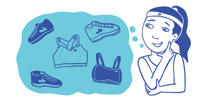 Illustration of a woman thinking about running bra en shoe options to wear during a 10K