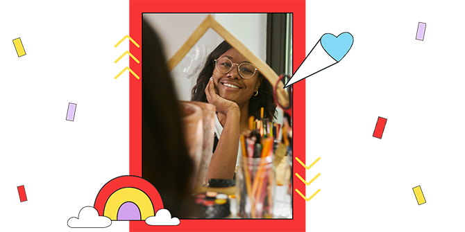 Women looking into a mirror with heart and rainbow illustrations